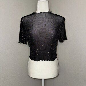 SHEIN Lettuce Trim Galaxy Sheer Mesh Crop Top Women's XL Black Short Sleeve Rave